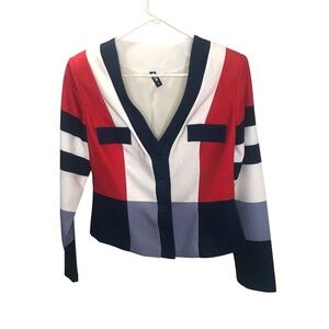 Colorblock Button Front Cardigan Blazer | Red White Navy Gray